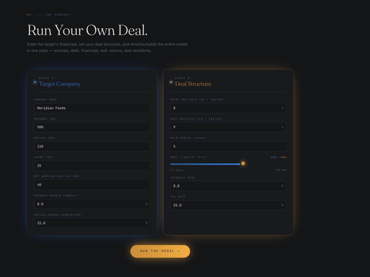 Amortiq deal input screen with target company financials and deal structure fields